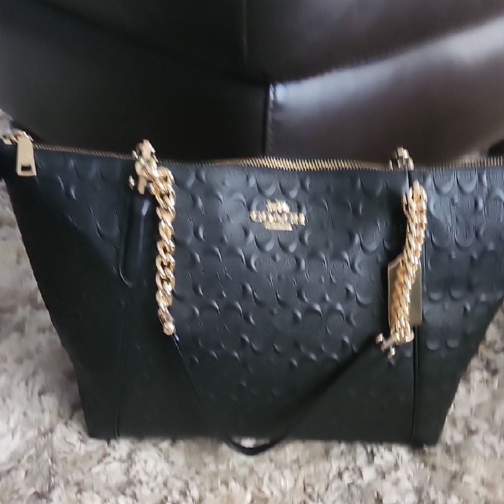 Coach Black and Gold Embossed Leather Tote - Picture 3 of 8